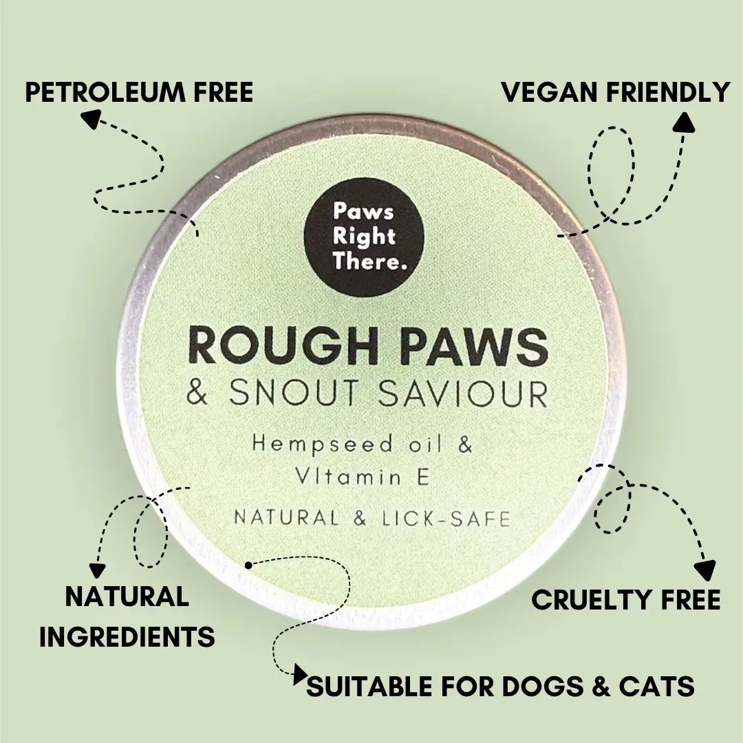 Tin of Rough Paws and Snout Saviour vegan paw balm with hempseed oil and vitamin E, suitable for dogs and cats