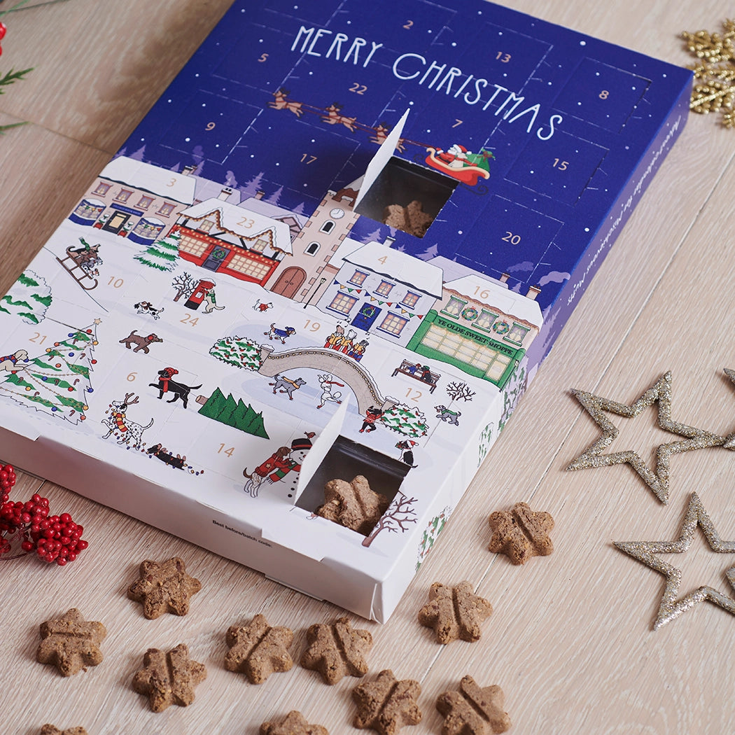 Pooch dog advent calendar with a Merry Christmas village design, one door open, surrounded by star-shaped dog treats