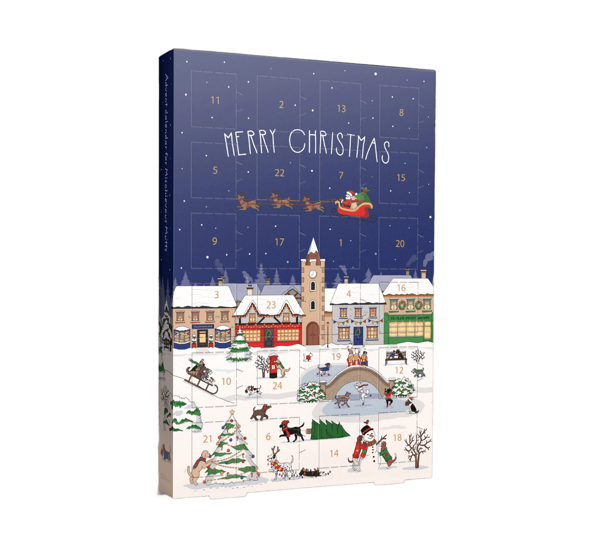 Pooch-themed dog advent calendar, angled view, cut out on a transparent background