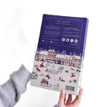 Pooch-themed dog advent calendar held in hands, cut out on a transparent background