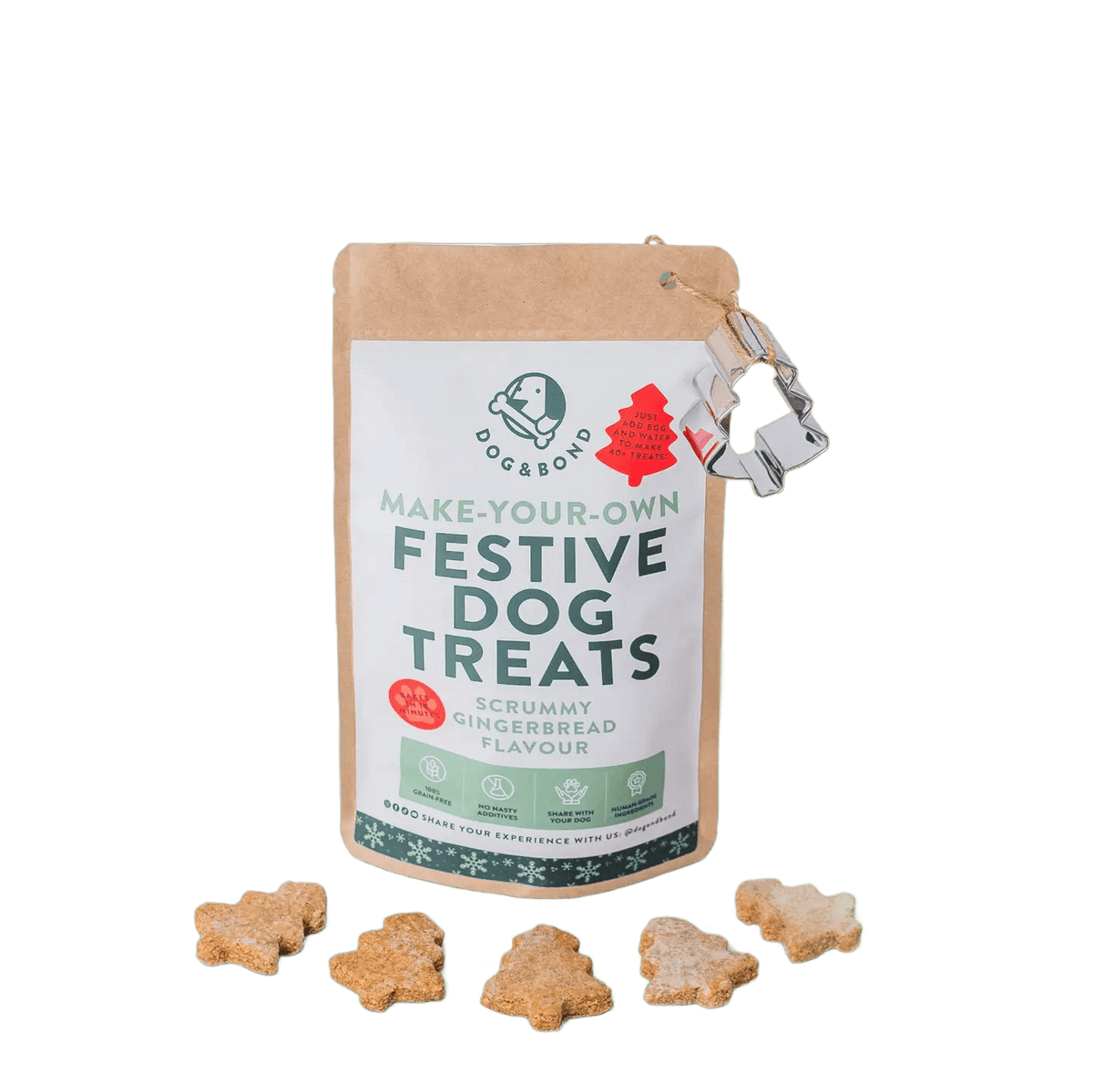 Make-Your-Own Festive Dog Treats pack, gingerbread flavour, cut out on a transparent background