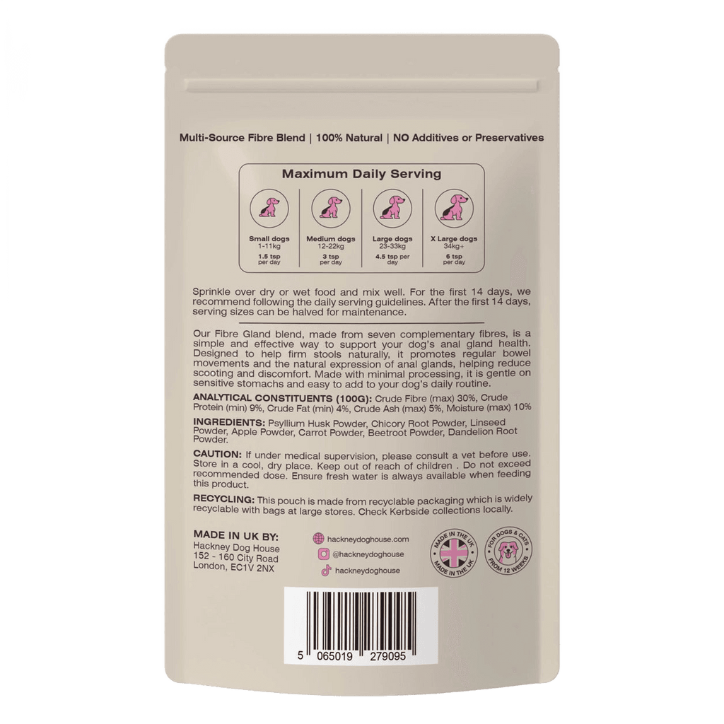 Back of the Fibre Gland Blend anal gland support pack, cut out on a transparent background