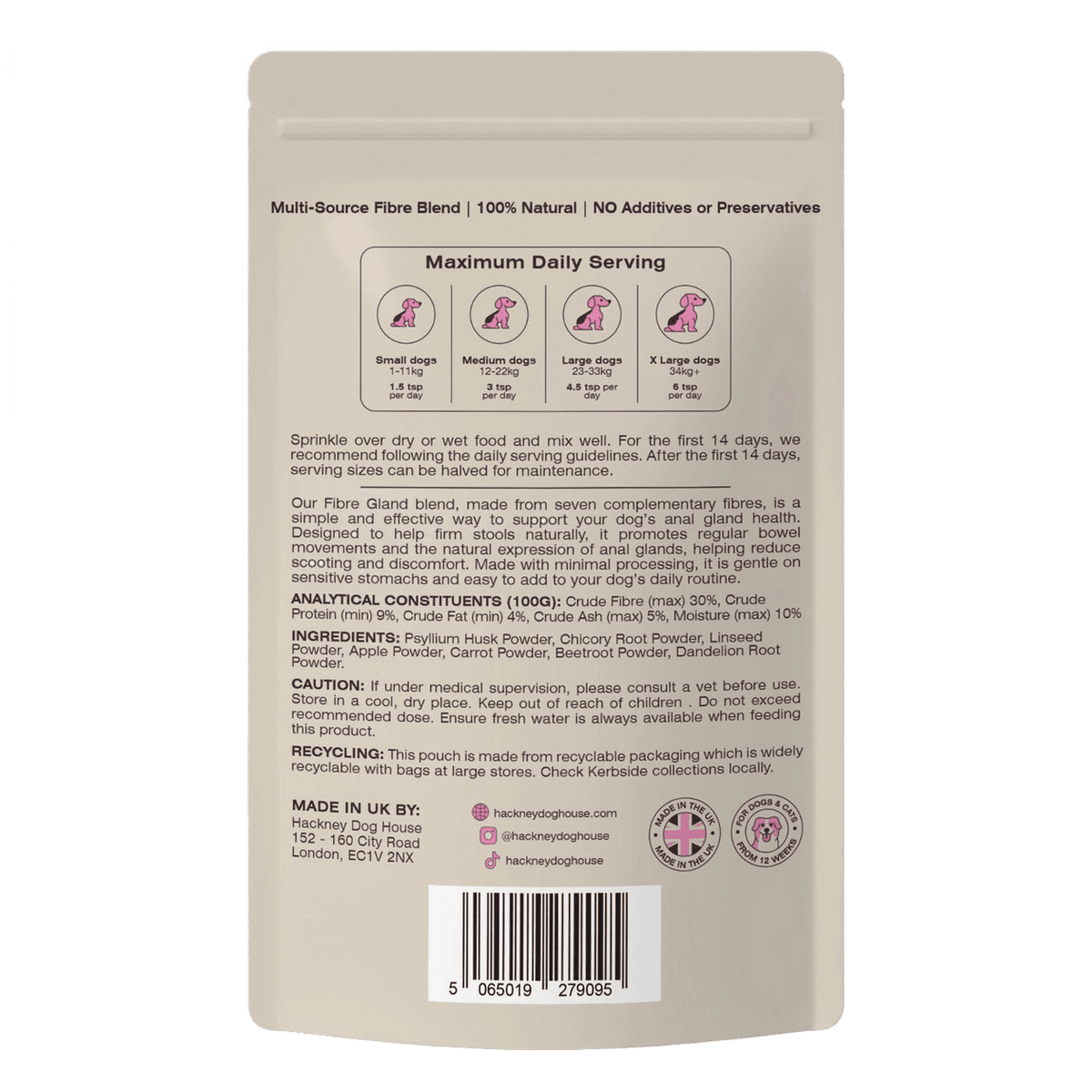Back of the Fibre Gland Blend anal gland support pack, cut out on a transparent background