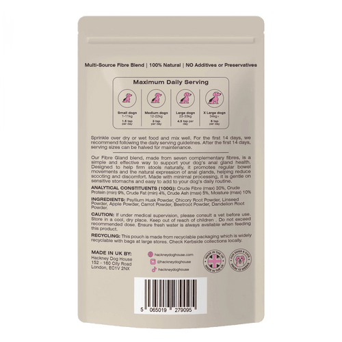 Back of the Fibre Gland Blend anal gland support pack, cut out on a transparent background