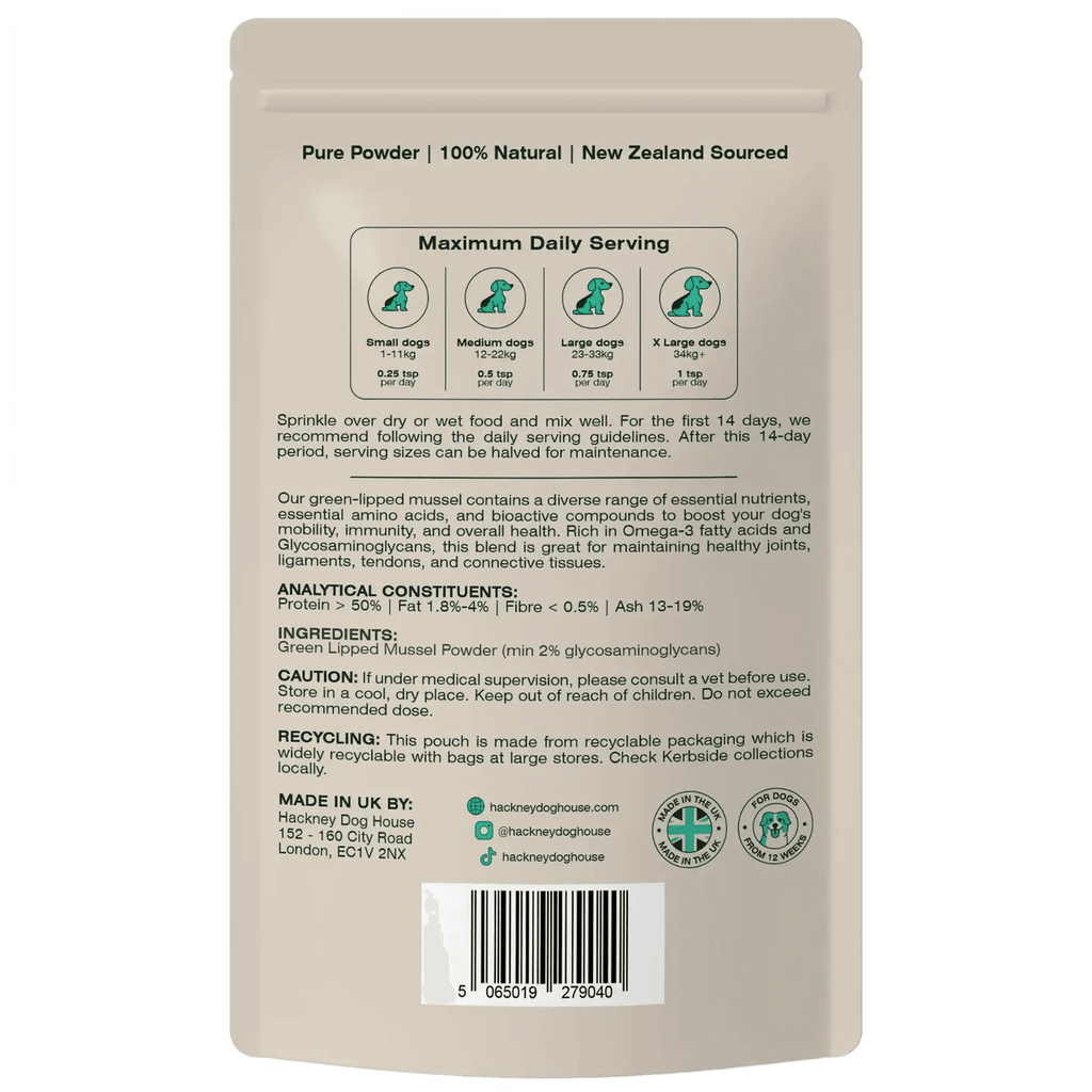 Back of the Green Lipped Mussel powder tub for dogs, cut out on a transparent background