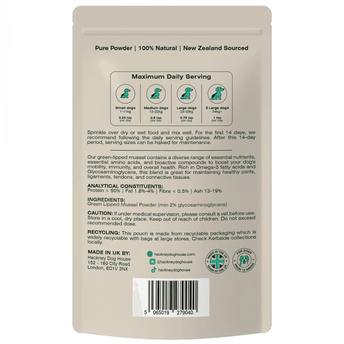 Back of the Green Lipped Mussel powder tub for dogs, cut out on a transparent background
