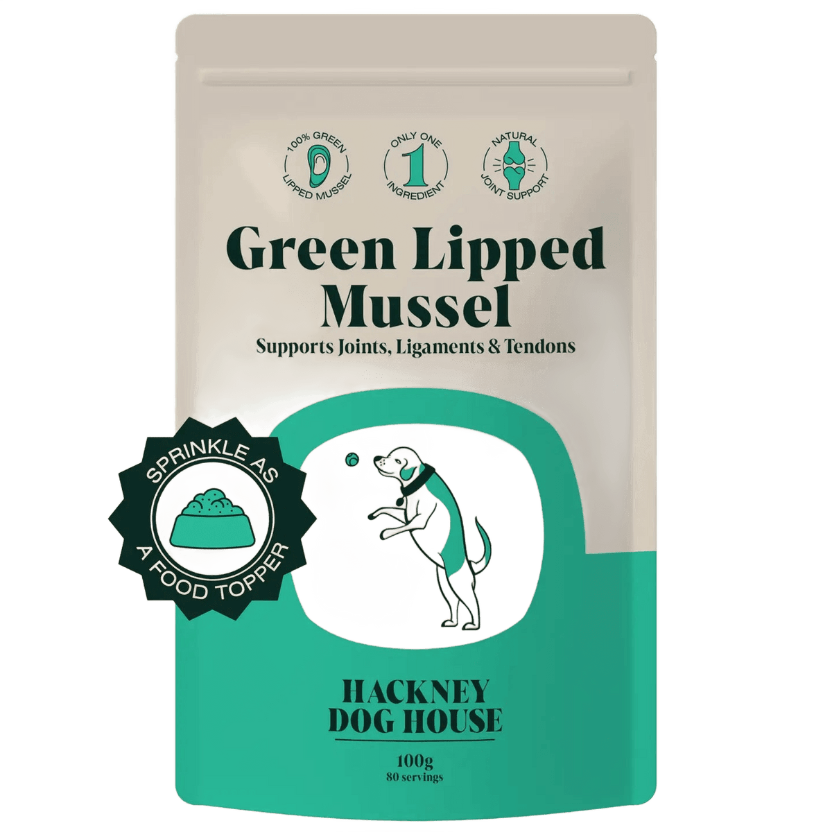 Tub of Green Lipped Mussel powder for dogs, cut out on a transparent background