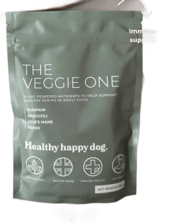 The Veggie One digestion aid bag for dogs, cut out on a transparent background