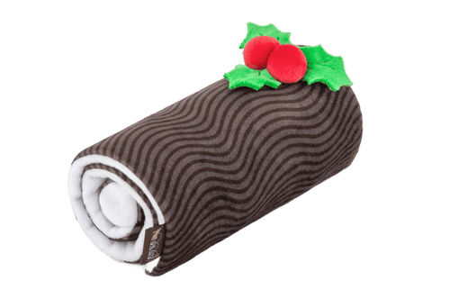Christmas Yule Log shaped plush dog toy, cut out on a transparent background